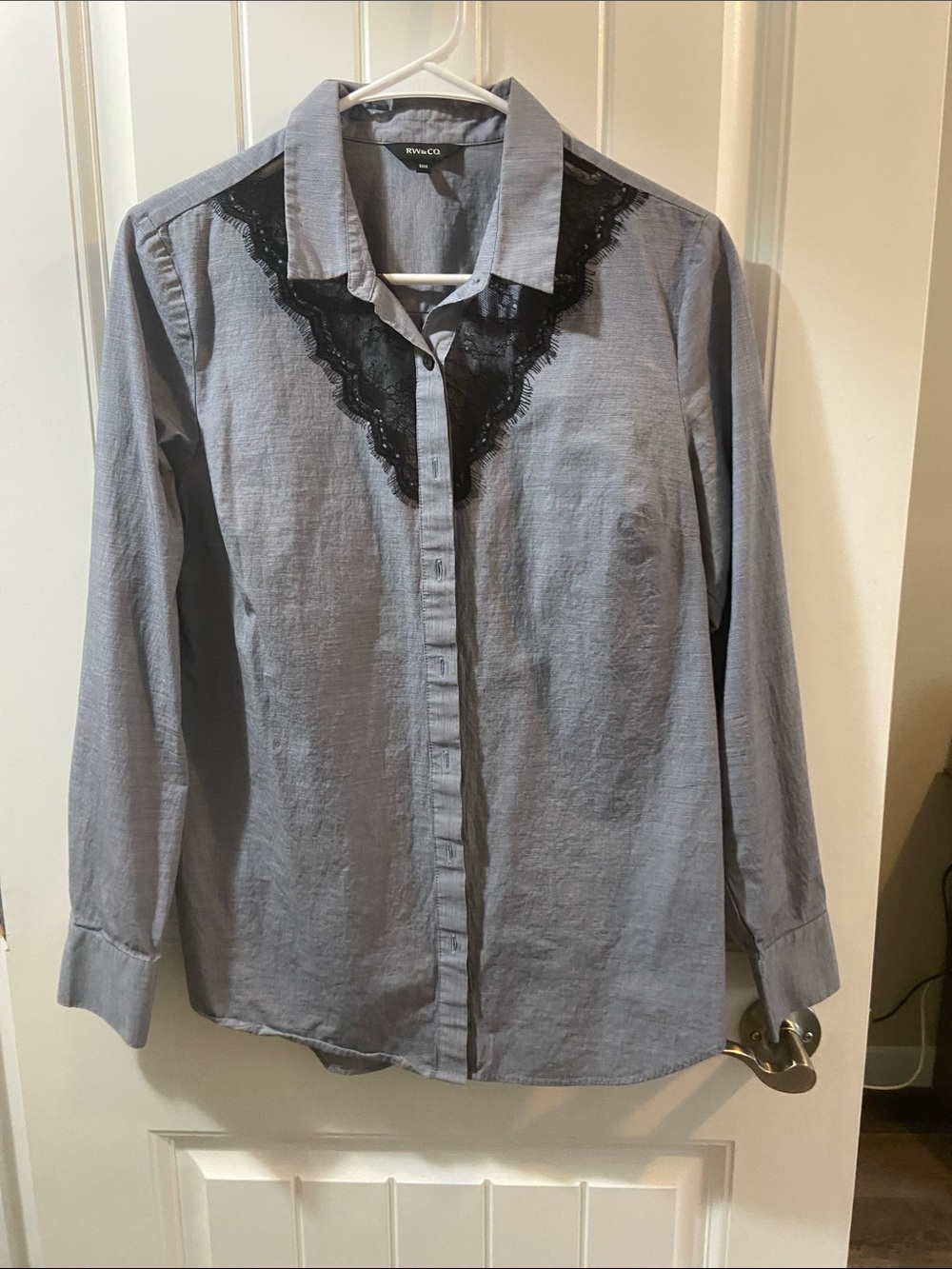 RW & Co Blue Button-Up Shirt with Black Lace Trim